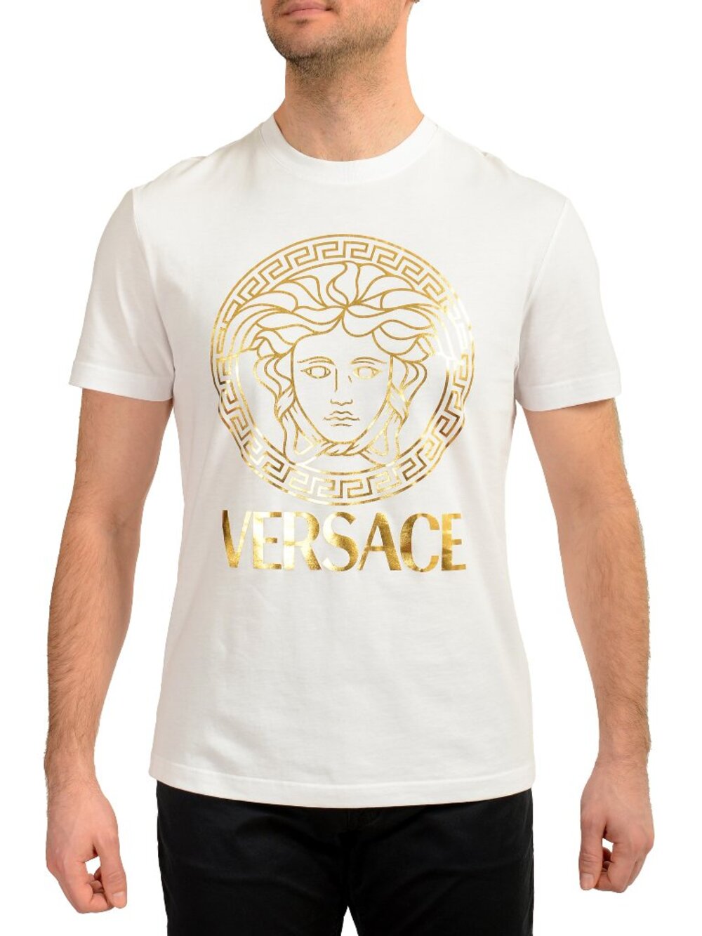 Versace Men's Gold Medusa Print White Short Sleeve Crewneck T-Shirt US 2XL IT 56